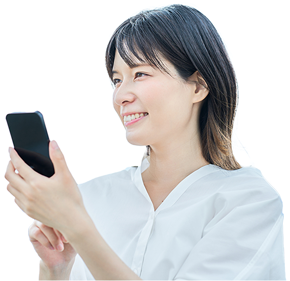 satisfied lovely woman holds modern cell phone 1 2
