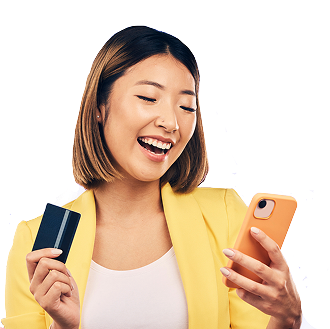 satisfied lovely woman holds modern cell phone